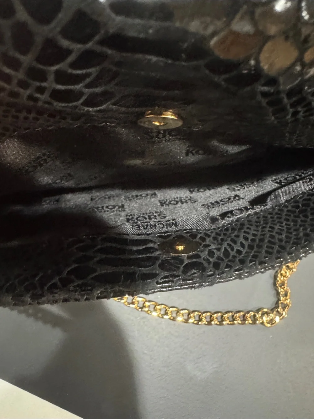 Michael Kors Black Snake-Embossed Shoulder Bag with Gold Chain